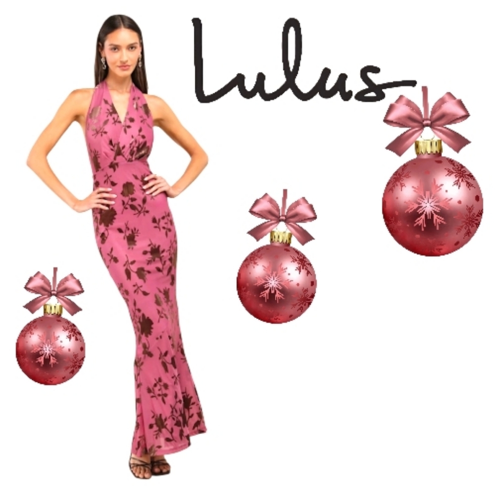 Lulus Renatta Plum Floral Velvet Burnout Mesh Mermaid Halter Maxi Dress NWT MED